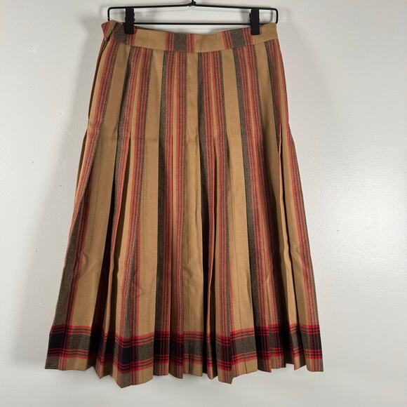 Vintage Norm Thompson Pleated Tan Red Black 100% Wool Striped Flared Skirt 10 - Picture 3 of 7